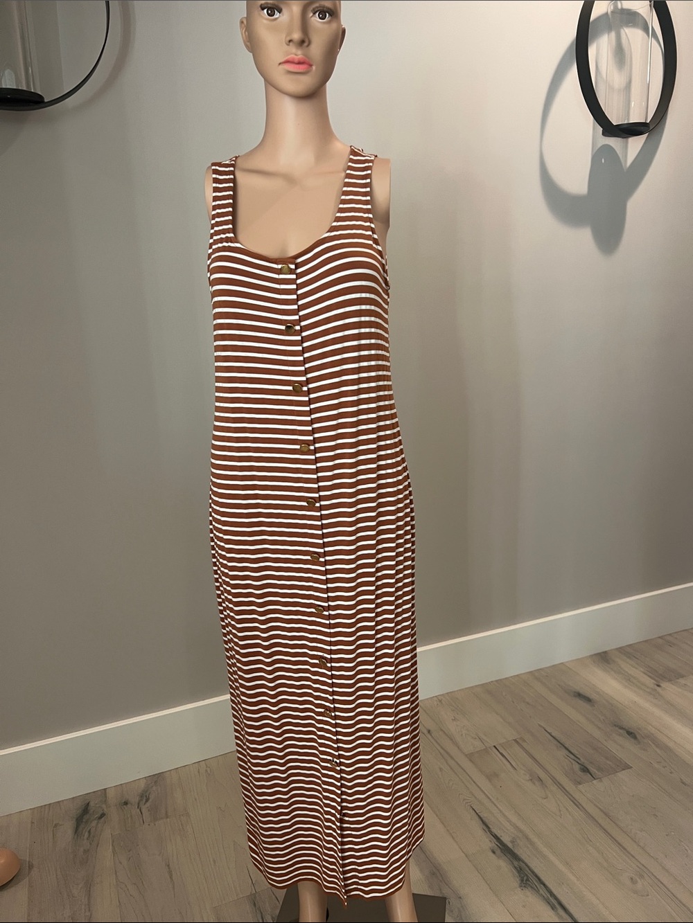 Sleeveless Brown and White Striped Button-Front Maxi Dress